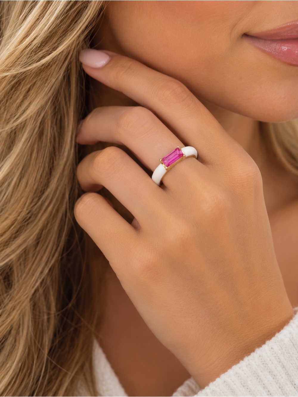 Gold Luxury Baguette Crystal Enamel Ring Hot Pink AB